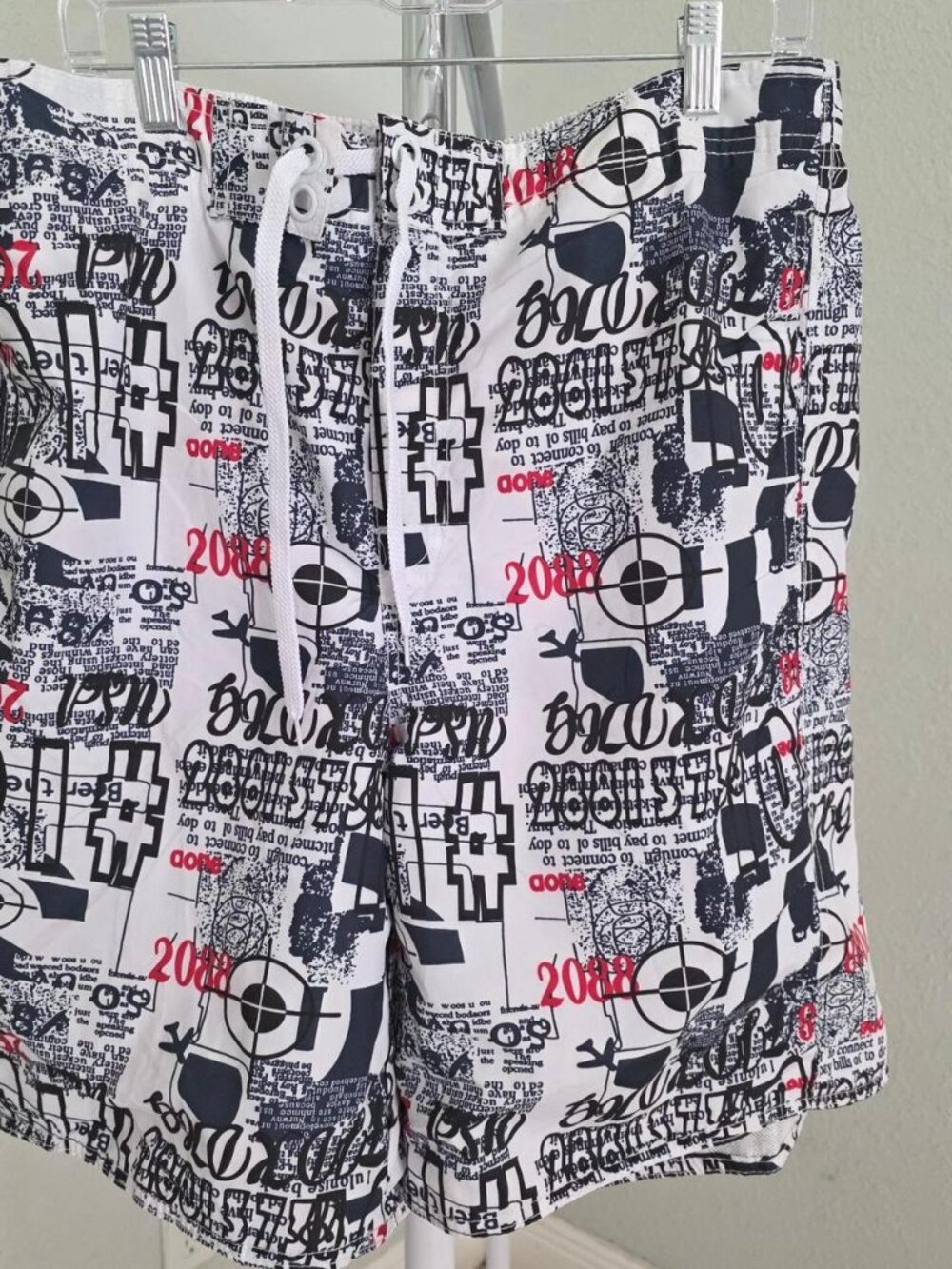 Men's Graphic Print Board Shorts Swim Trunks Mesh Liner Size L White Black